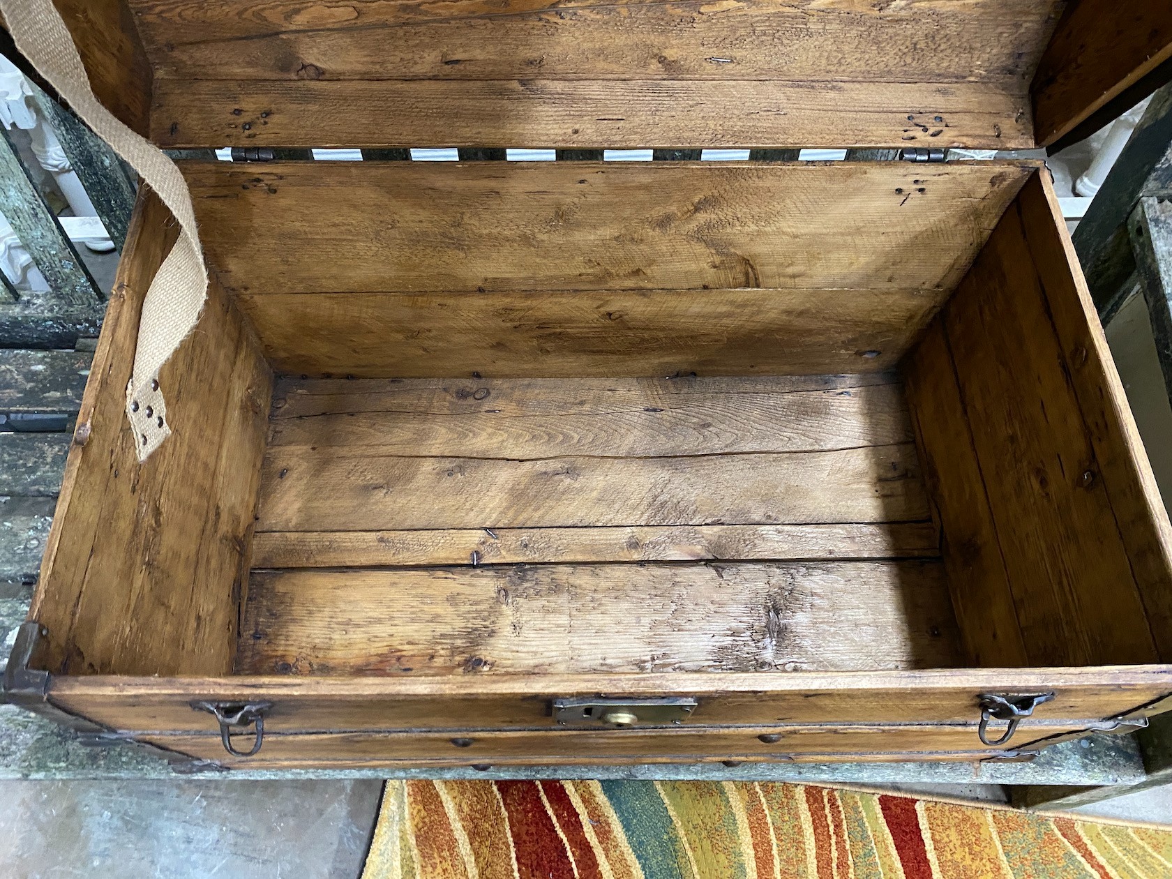 A Victorian metal bound domed top trunk, width 76cm, depth 44cm, height 52cm